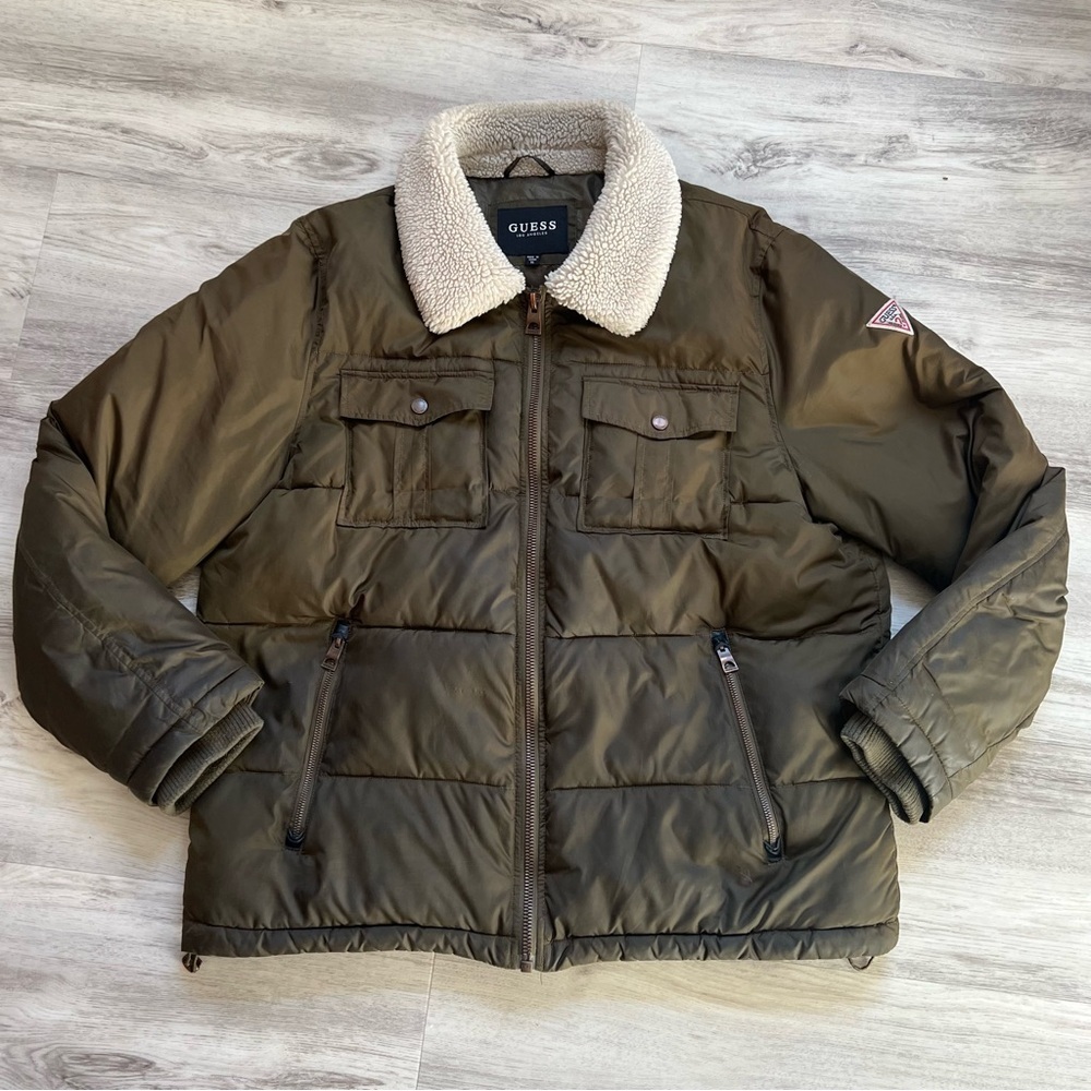 GUESS Men's Dark Green Puffer Jacket with Sherpa Collar